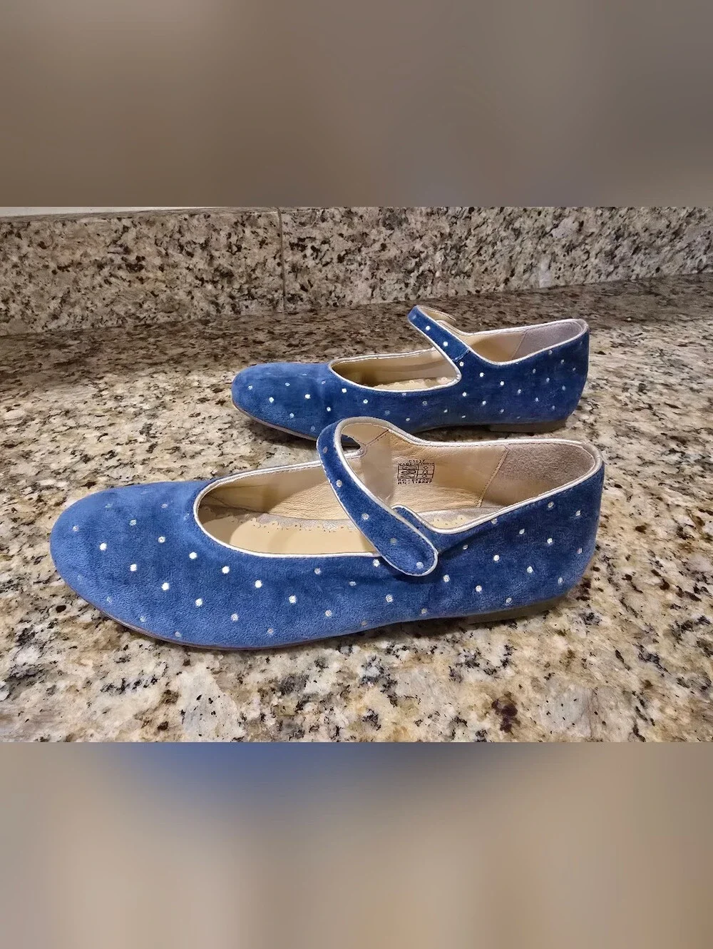 Mini Boden Blue Velvet Polka Dot Mary Jane Flats Size 37 (5.5)